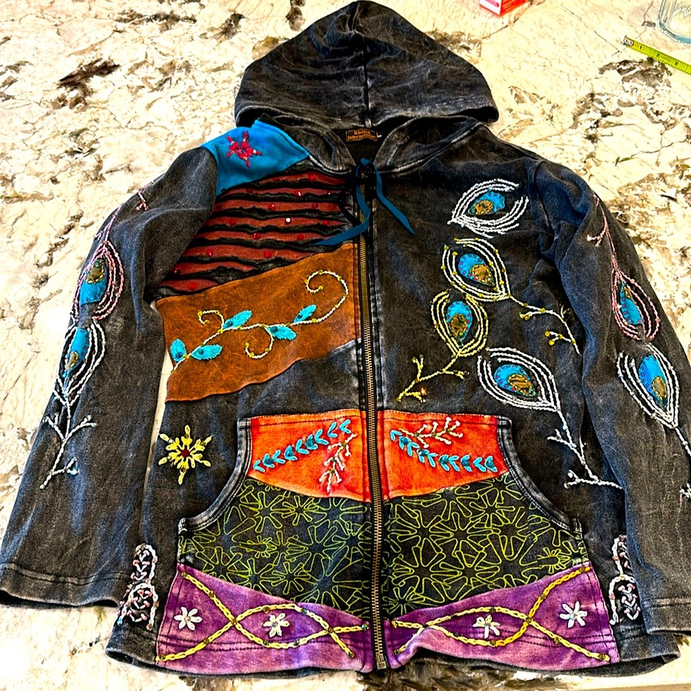Womens multicolor small hoodie with embroidery and rhinestones. Very cool!